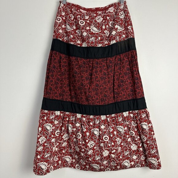 Vintage Apostrophe Maxi Skirt 6 Peasant Tiered Red Floral Cottage Boho Fairy - Picture 1 of 10